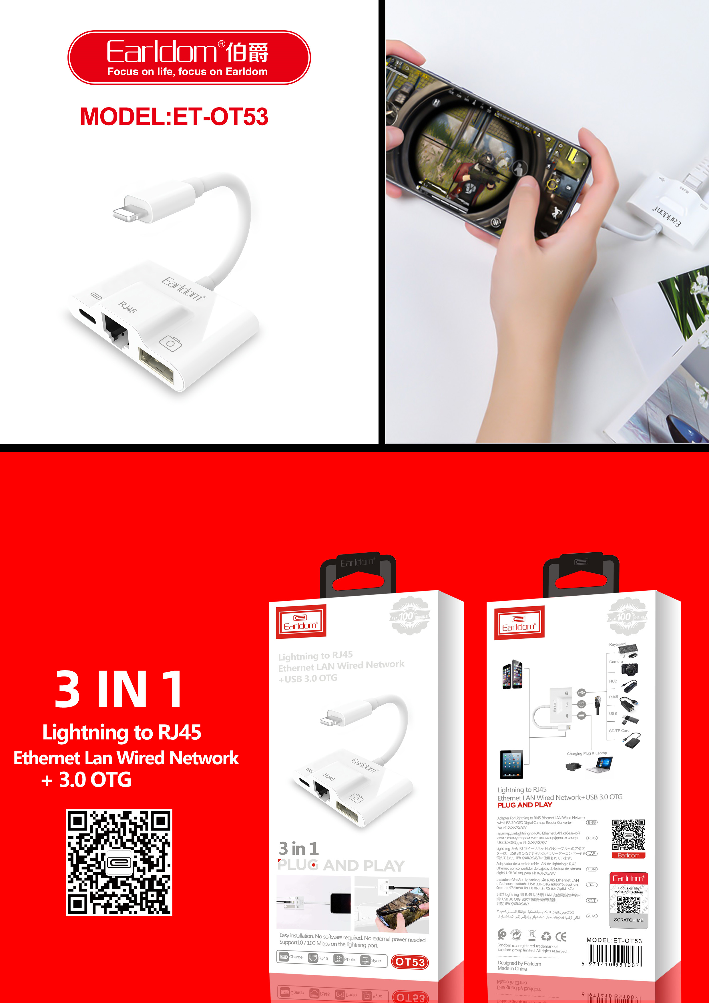 Cáp OTG Dành Cho iPhone iPad Tích Hợp 1 Cổng LAN RJ45 + USB 3.0 Earldom OT53 - Hàng Chính Hãng