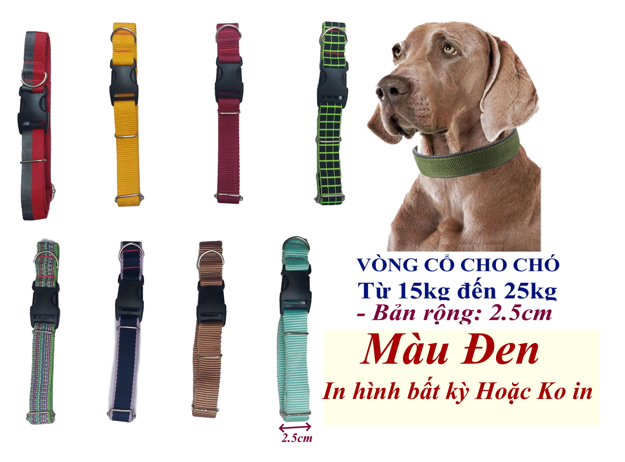 Vòng cổ cho Chó từ 15kg đến 25kg Bản rộng 2.5cm Chất liệu dù cao cấp, Dày, Chắc chắn, An toàn cho thú cưng, SX tại VN