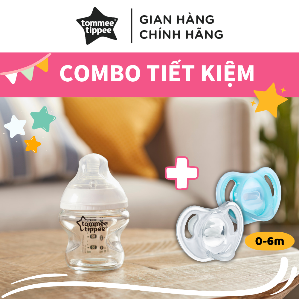 COMBO Ty ngậm silicon siêu nhẹ Tommee Tippee Ultra Light 0-6m &amp; Bình sữa thủy tinh Tommee Tippee Close to Nature 150ml