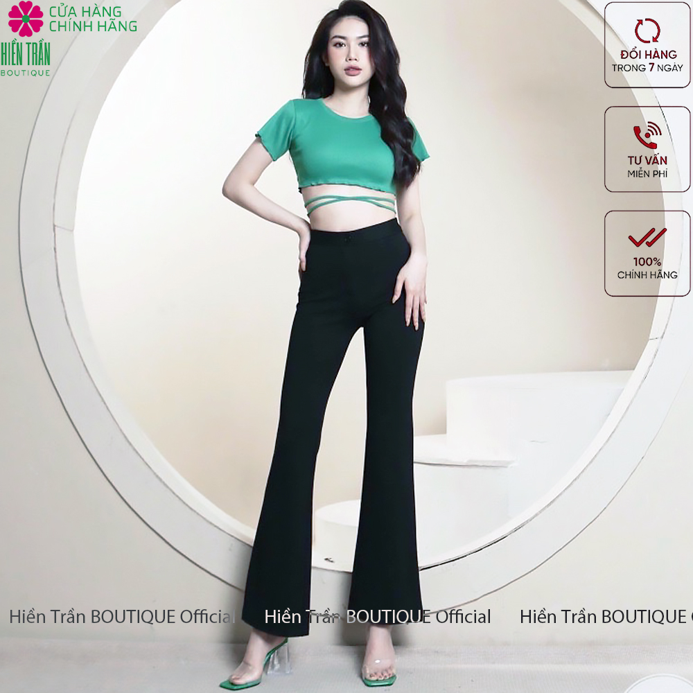 Quần ống loe Hiền Trần BOUTIQUE lưng cạp cao 1 cúc suông rộng nữ dài culottes màu đen