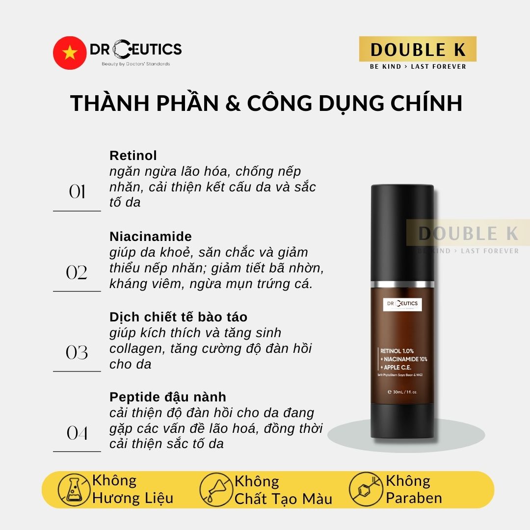 Kem Chống Lão Hóa DrCeutics Retinol 1% + Niacinamide 10% + Tế Bào Gốc Táo - Double K