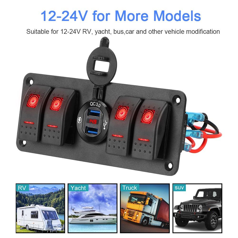 Bảng điều khiển công tắc đèn LED 4 cổng USB 12~24V chống nước trang trí nội thất xe hơi