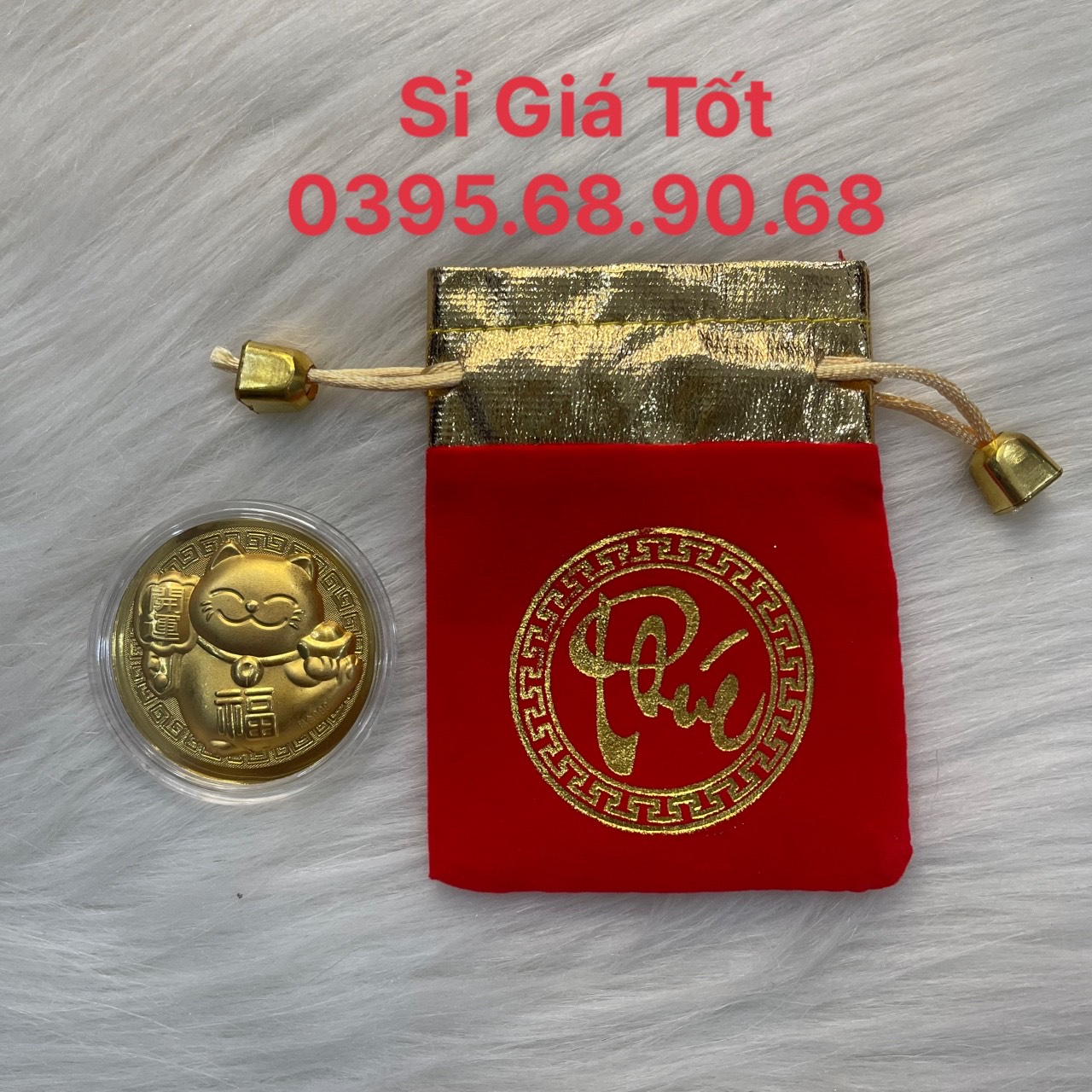 Xu Lá Vàng Mèo Thần Tài May Mắn + Túi Gấm Chữ Phúc