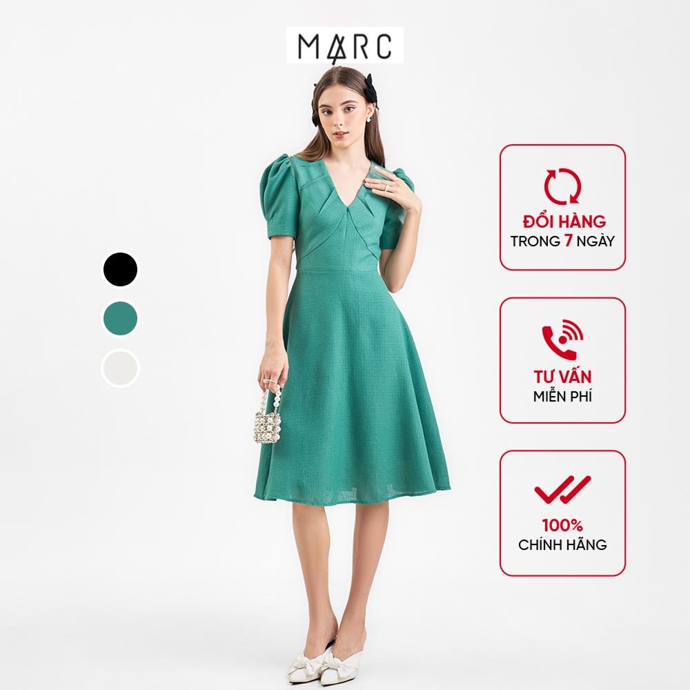 Đầm midi nữ MARC FASHION tay phồng cổ tim dằn li CBSH110622