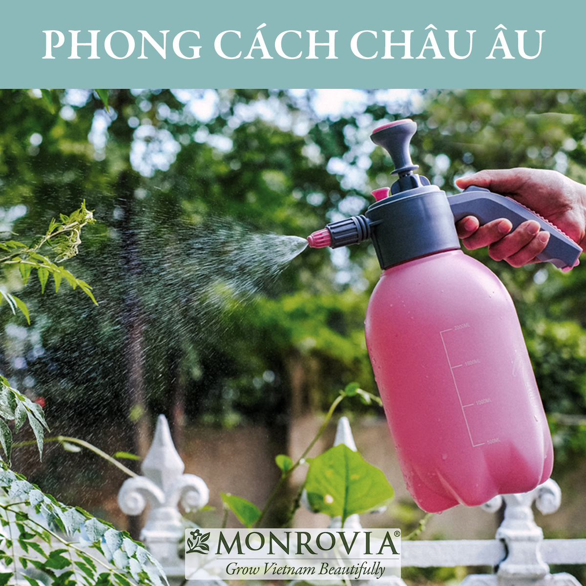 Bình xịt tưới cây MONROVIA 2 lít, bán tự động, phun sương tưới cây cảnh, vòi dài, tặng vòi ngắn, màu xanh, tiêu chuẩn Châu Âu