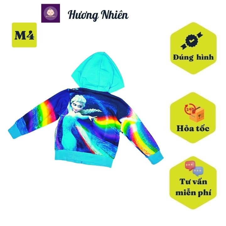 Áo khoác bé gái hình elsa từ 10-43kg. Ao chống nắng chất liệu thun da cá thấm hút mồ hôi