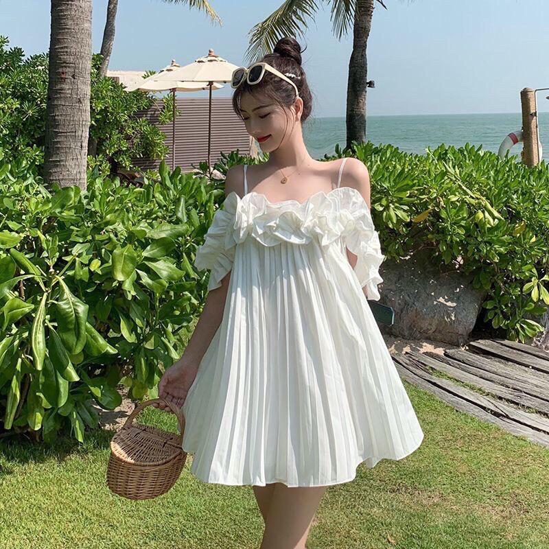 Đầm Bèo Trắng Dập Ly Dáng Xòe Váy Nữ 2 Dây Chất Đũi