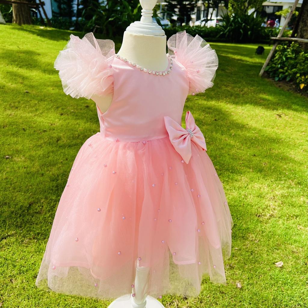Váy công chúa đầm công chúa thiết kế đính đá và ngọc cho bé gái màu hồng vô cùng đáng yêu tại Mom's Choice