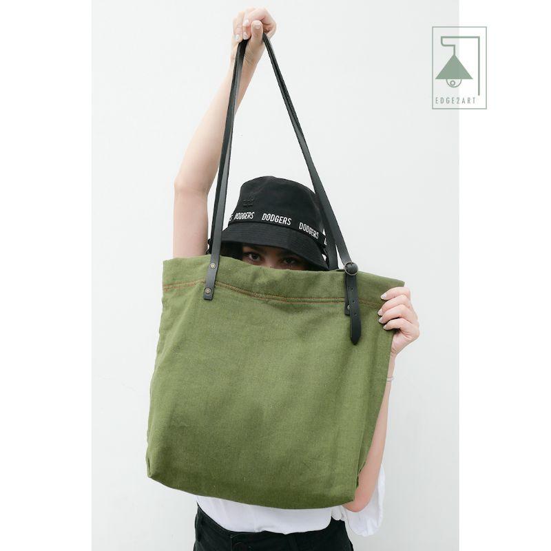 Túi Tote Vải Linen ZÍM - Quai Da Trâu - Kích Thước 40 x 42 Cm