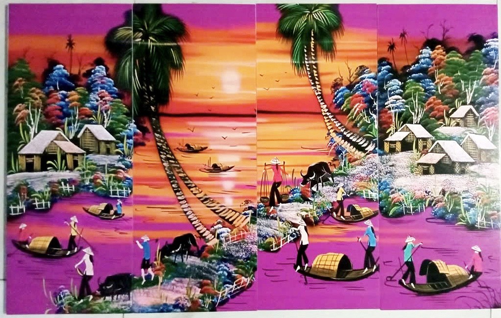 Bộ Tranh sơn mài 4 tấm - ĐỒNG QUÊ / PHỐ CỔ VIỆT NAM - Size 50x80 cm / 60x120 cm