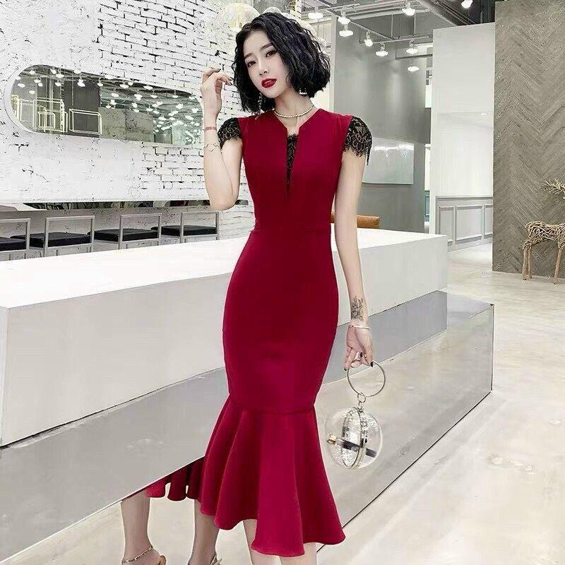 Đầm Body Đuôi Cá Tôn Dáng, Thiết Kế Phối Ren Cao Cấp, Sắc Đỏ Rạng Ngời
