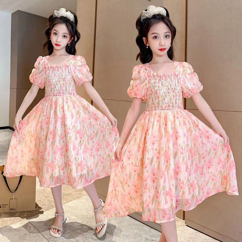 SHUANGYAN Cô gái váy mùa hè phong cách phương Tây 2023 Big Boy mùa hè váy chiffon mùa hè cô gái mảnh hoa mối tình đầu váy