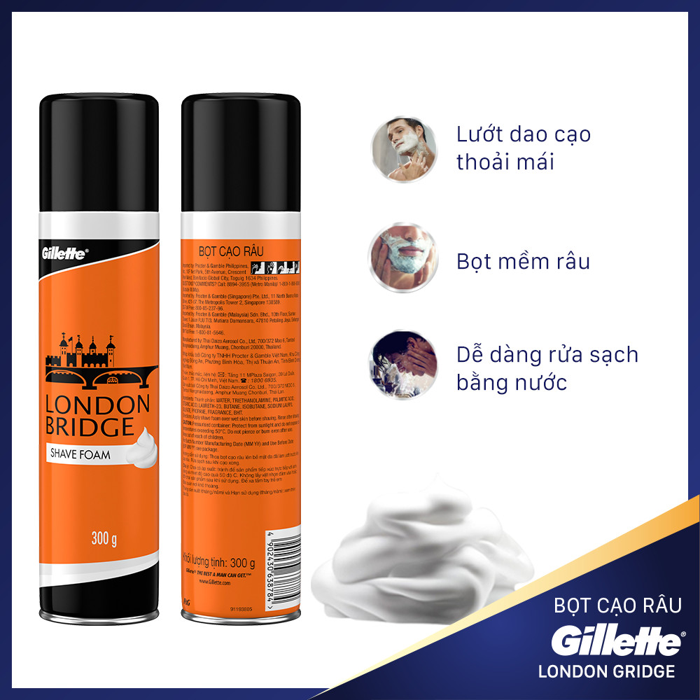 Combo 3 Bọt cạo râu Gillette London Bridge (Cam) dành cho Barbershop 300gX3