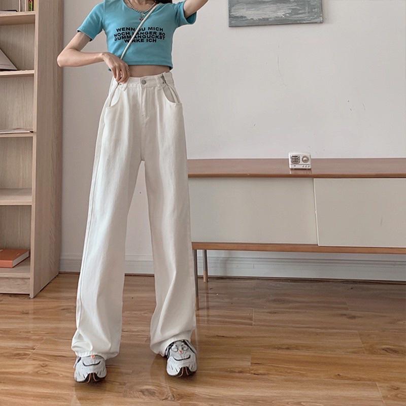 Quần jean trắng Quần bò nữ ống rộng dài form unisex dành cho nữ PHULA ống đứng style Ulzzang