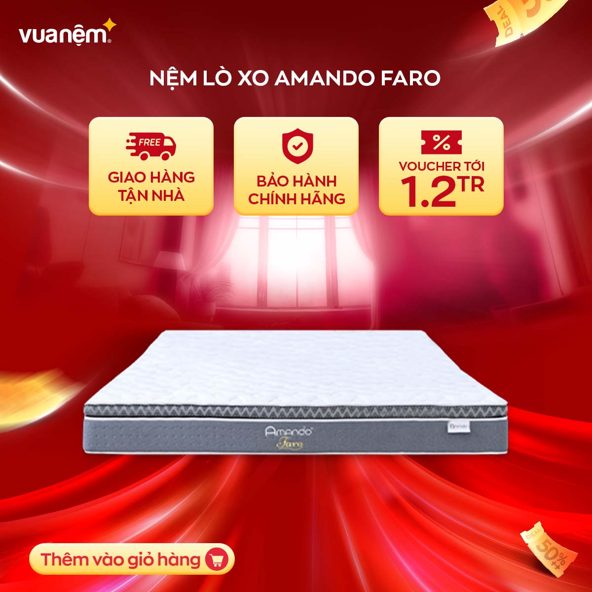 Nệm lò xo đa tầng Amando Faro kết hợp Foam cao cấp và cao su thiên nhiên, êm ái đàn hồi cao, nâng đỡ cơ thể 5 vùng riêng biệt