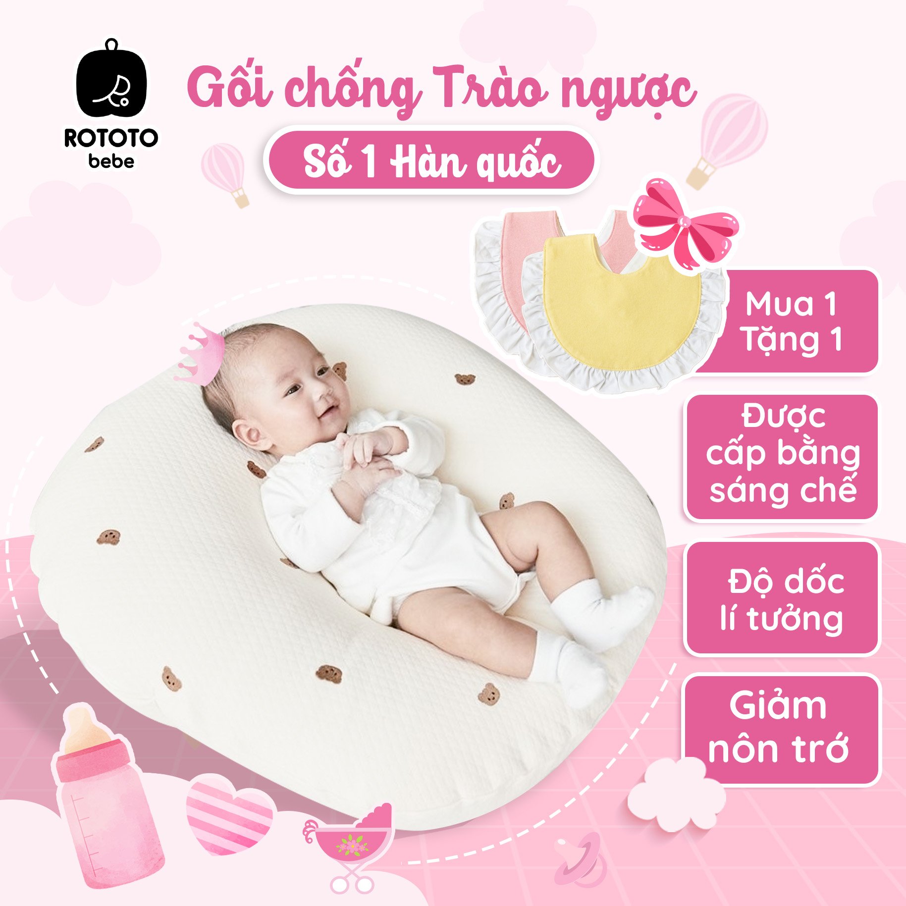 Gối chống trào ngược cho bé Rototo bebe cao cấp khắc phục tình trạng trào ngược dạ dày trẻ sơ sinh hiệu quả - Loại Cotton lụa mẫu mới nhất