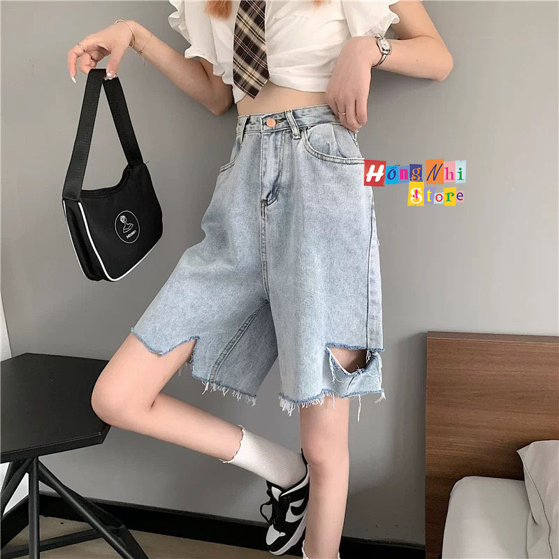 Quần Short Jean Ngố Đùi Rách Gối Tưa Lai Cạp Cao Ống Rộng Ulzzang - MM