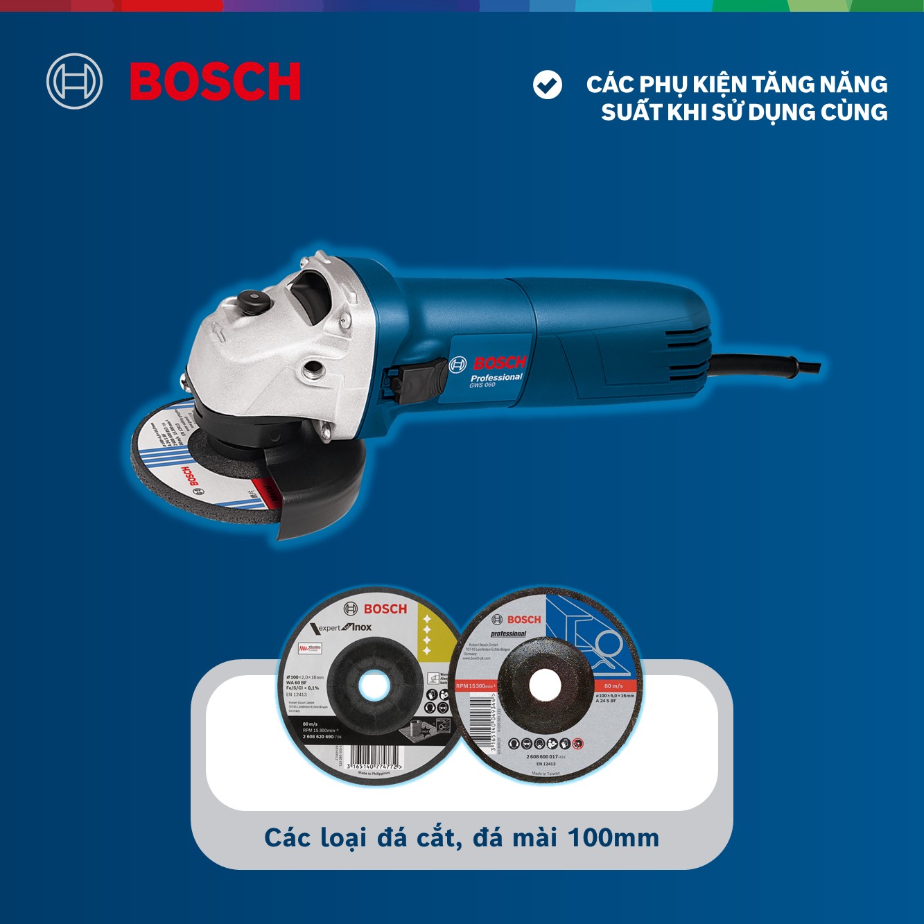 Combo Máy mài góc Bosch GWS 060 và Đĩa cắt kim cương Turbo 105x16mm đa năng