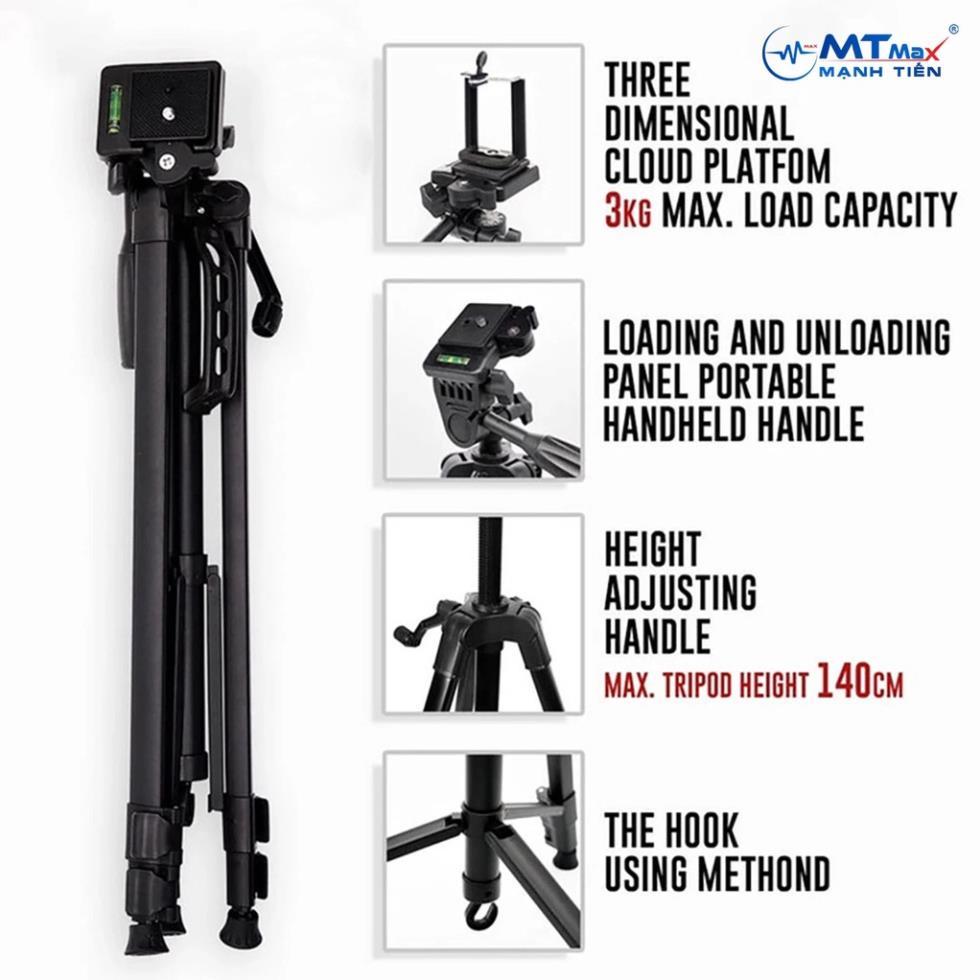 Gậy 3 chân Tripod 3366 Cao 1m50 Cho Máy Ảnh, Điện Thoại Vật Liệu Hợp Kim Cao Cấp phù hợp quay review, livestream, Vlog..