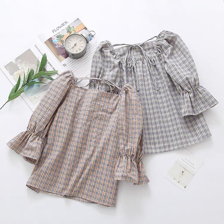 MS259 Áo kiểu nữ cổ vuông kẻ caro tay lỡ Hàn Quốc