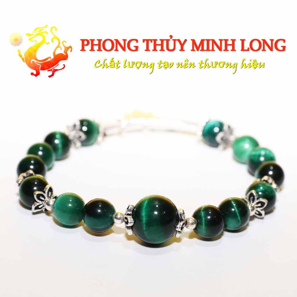 Vòng tay đá Mắt Hổ Xanh Lá mix túi tiền lá bạch dương bạc nhỏ xinh với người mệnh Mộc và Hỏa