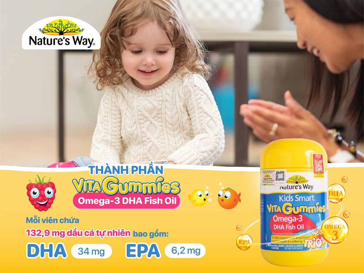 Dầu cá Omega-3 DHA cho trẻ Vita Gummies Nature's Way Mỹ hỗ trợ phát triển não bộ, bảo vệ thần kinh và thị giác của trẻ - QuaTangMe Extaste