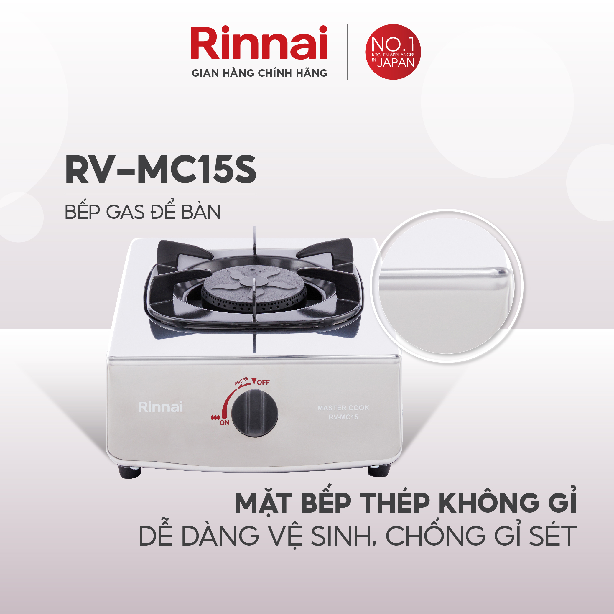 Bếp gas dương Rinnai RV-MC15S mặt bếp inox và kiềng bếp men - Hàng chính hãng.