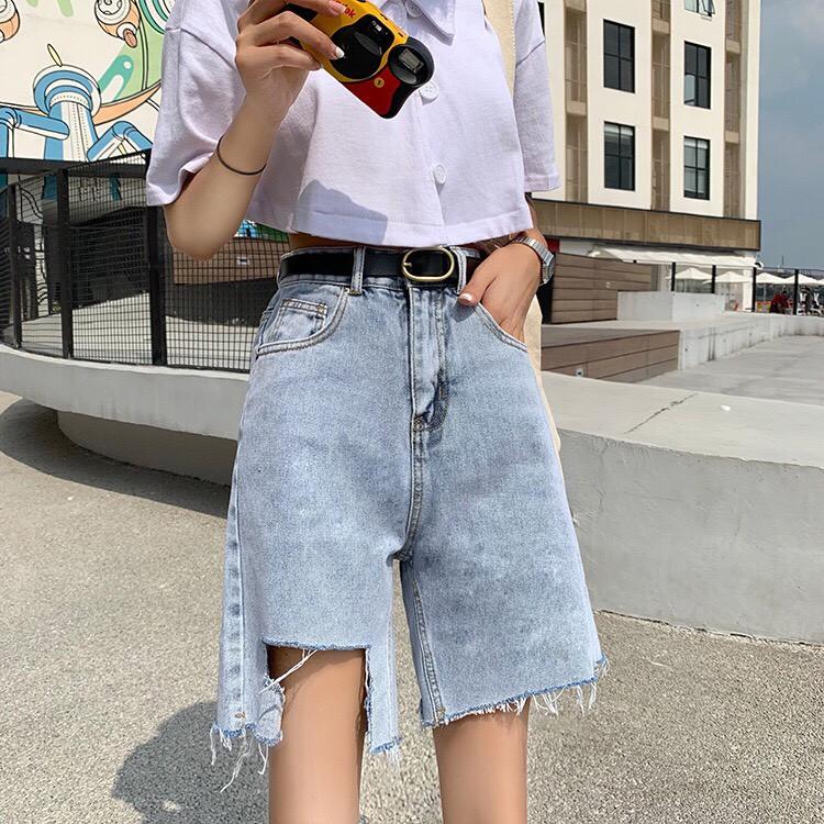Quần Short Jean Cạp Cao Rách Gấu Phong Cách Ulzzang_C18