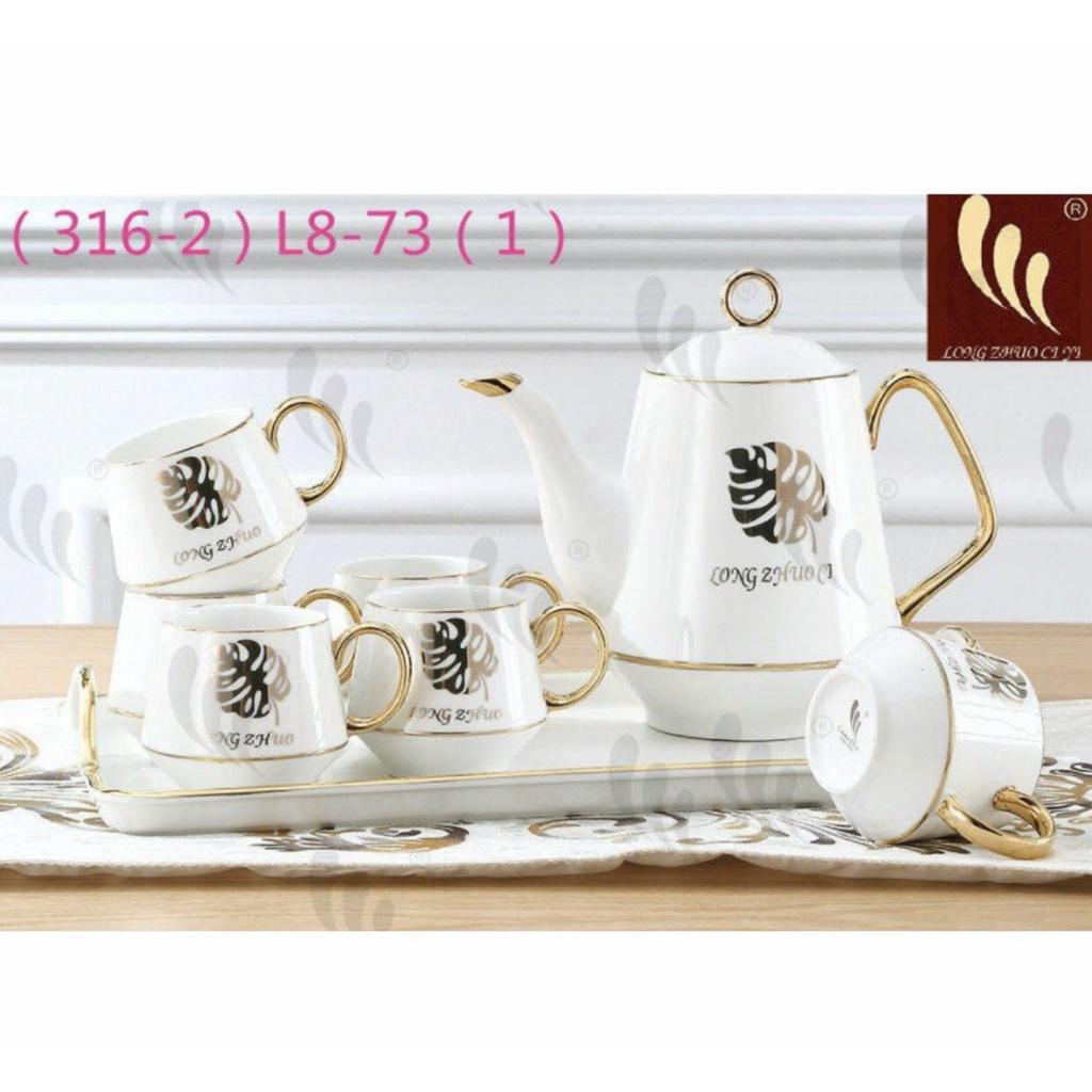 Bộ ấm chén Long Zin kèm khay sứ xương KOREA viền vàng cao cấp 2 màu BP