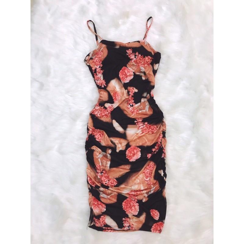 Đầm body 2 dây hoạ tiết bông cực sexy kèm hình thật