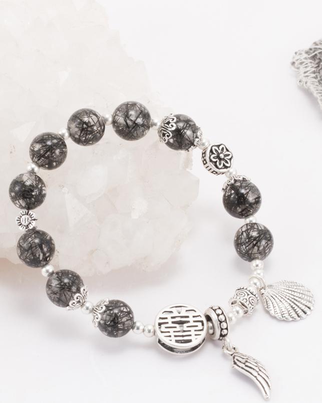Vòng Thạch Anh Tóc Đen AAA Phối Charm Cánh Bạc Ngọc Quý Gemstones