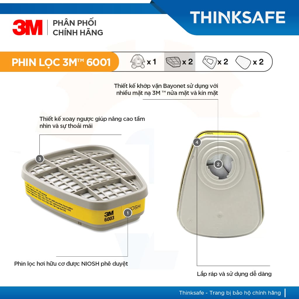 Mặt nạ phòng độc 3M 7502 dùng phin 3M 6003 lọc hơi hoá chất hữa cơ và vô cơ
