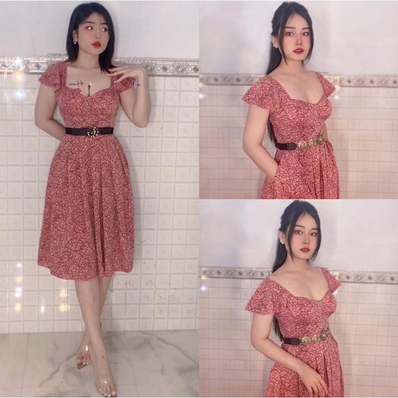 Đầm xoè hoạ tiết hoa cúp ngực cánh tiên có túi hai bên