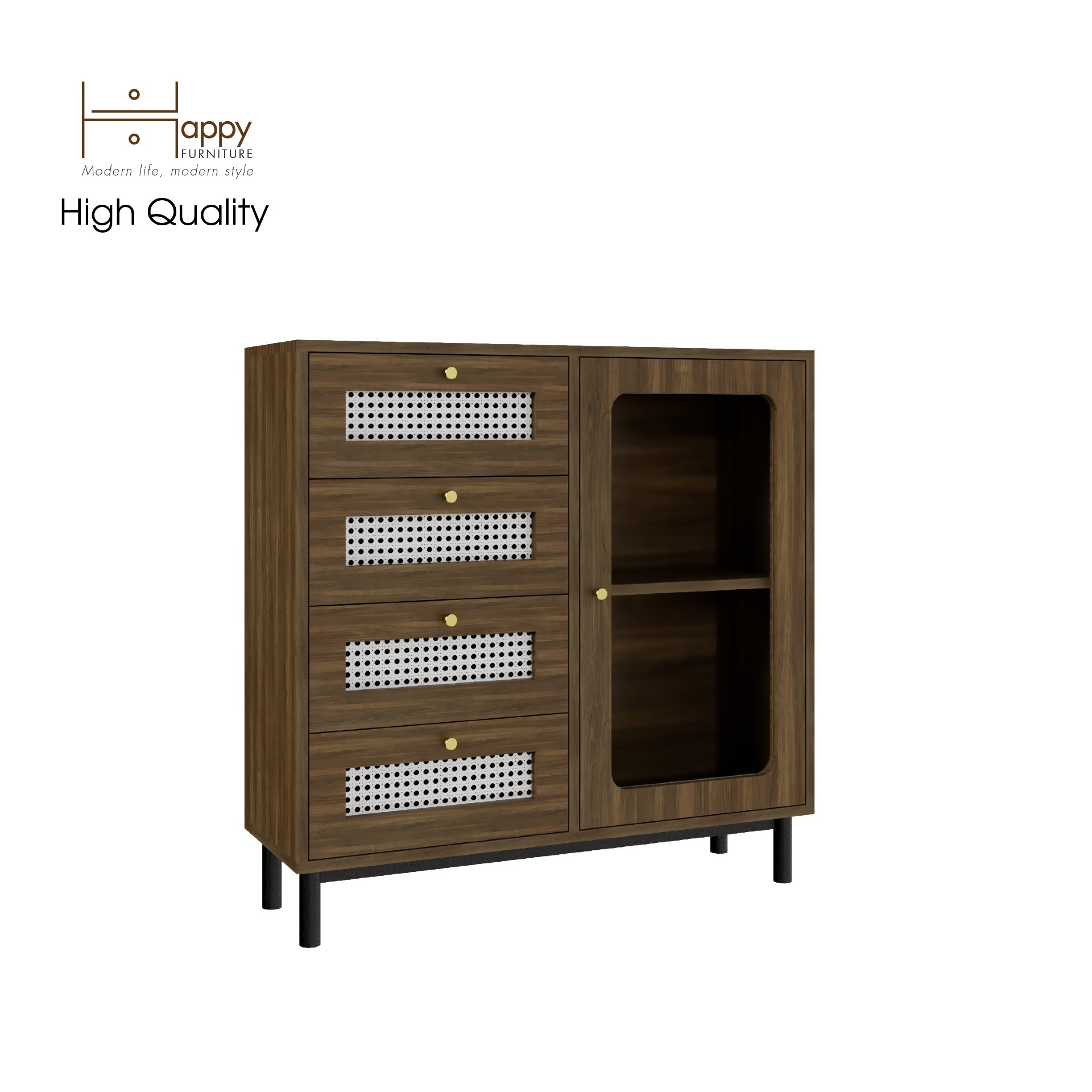 [Happy Home Furniture] ROTAN, Tủ đựng đồ cửa kính - 4 ngăn kéo - chân sắt , 90cm x 30cm x 90cm ( DxRxC), THK_124