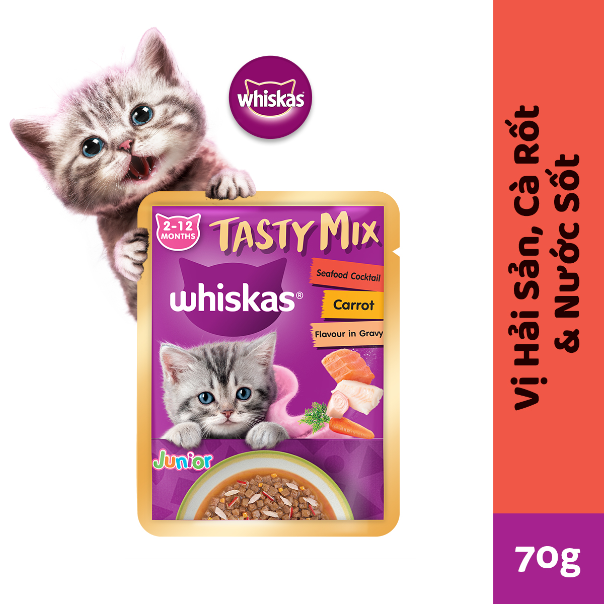 [Quà tặng không bán] WHISKAS TASTY MIX Thức Ăn Cho Mèo Con Dạng Sốt Vị Hải Sản, Cà Rốt &amp; Nước Sốt, 70g