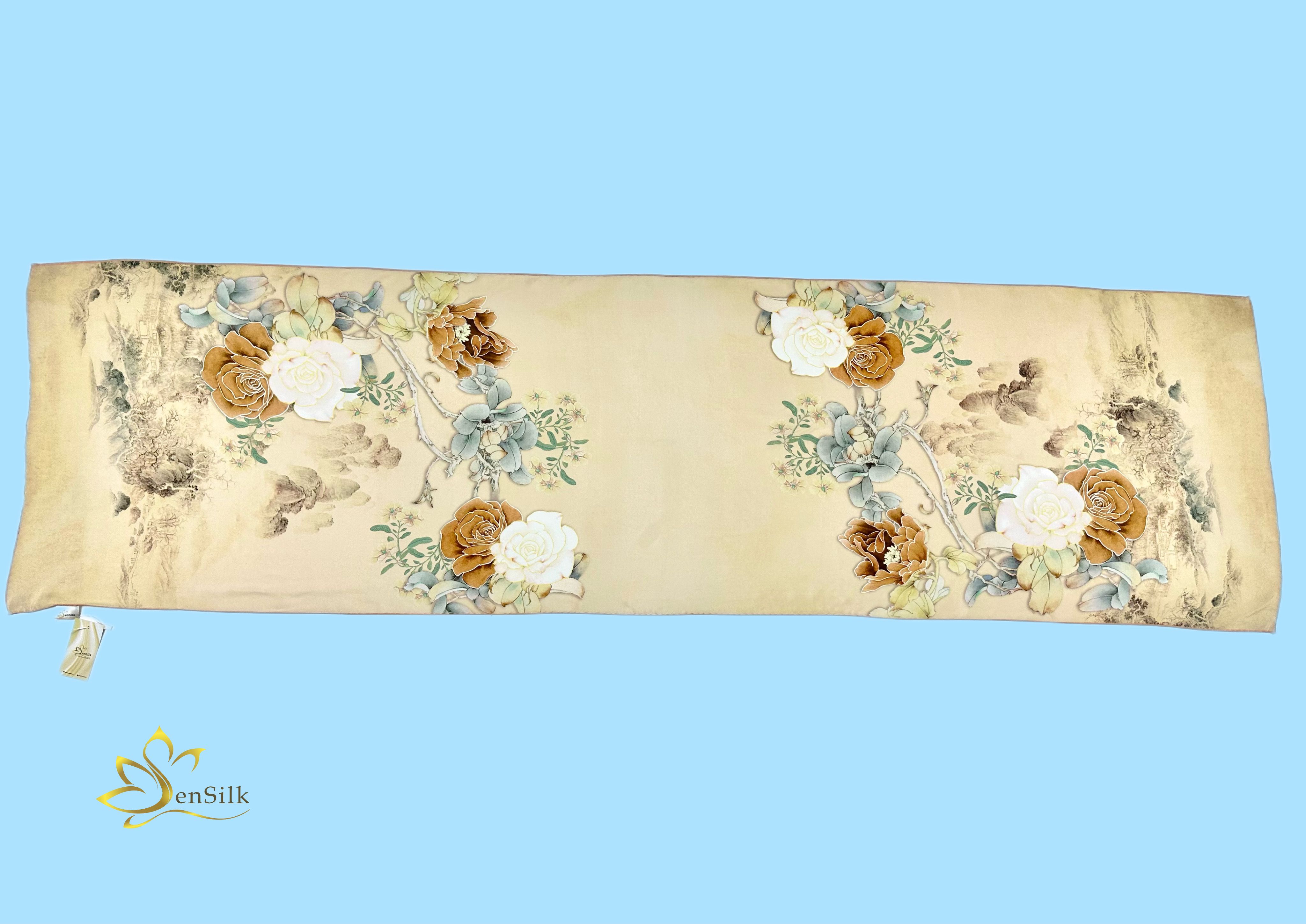 Khăn Lụa Cao Cấp in Kỹ Thuật Số Sen Silk KLDI02 Rose - Printed Silk Scarves - Quà Tặng Khách Nước Ngoài