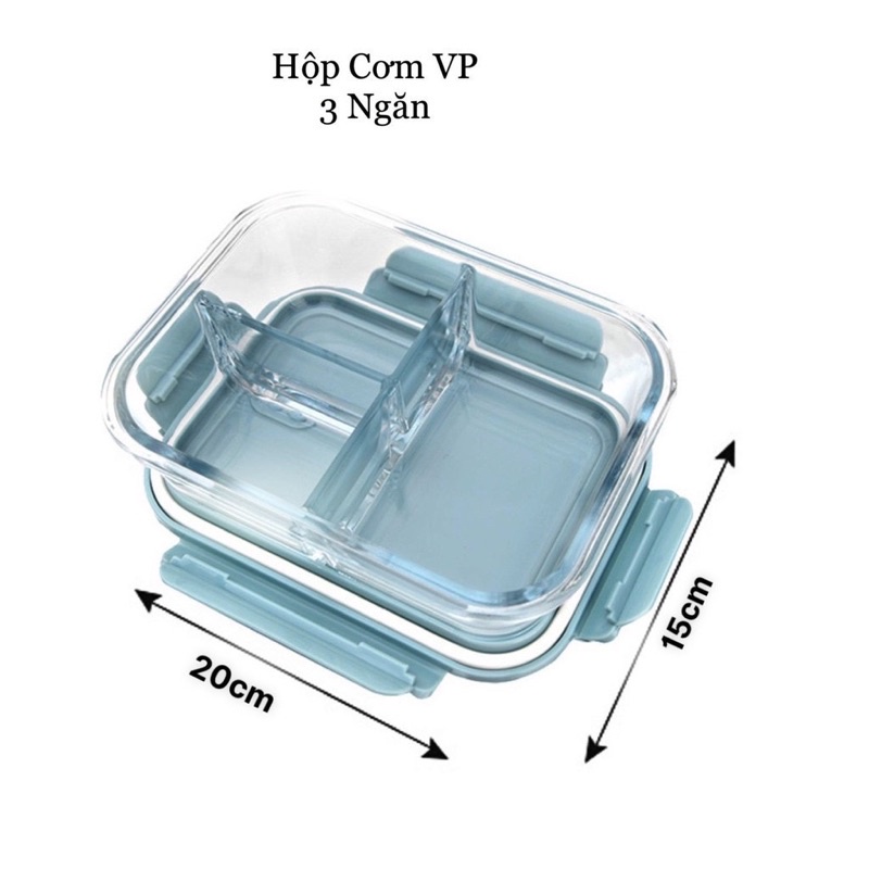 Hộp Cơm Thủy Tinh 3 Ngăn 1050 ml + Thố Canh Thủy Tinh tròn 600ml phong cách Nhật Bản cực kì tiện lợi