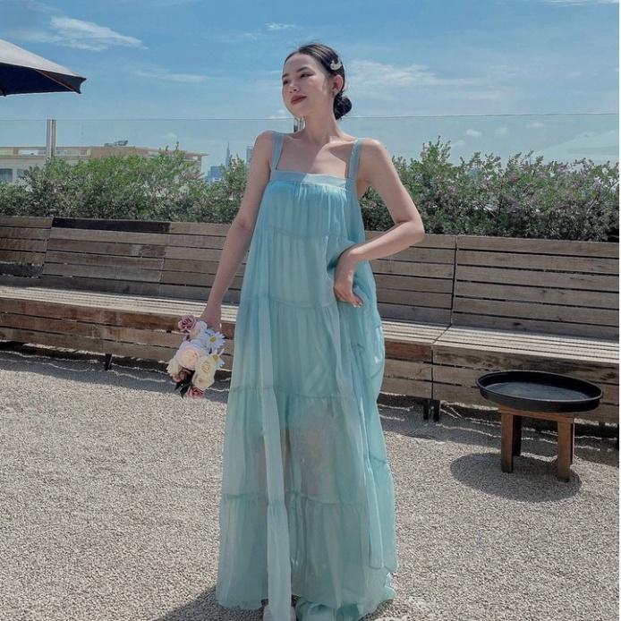 Đầm váy maxi suông dài tơ lót lụa 2 dây hở lưng tầng Ivy fashion đi biển dự tiệc dạo phố bigsize gợi cảm s