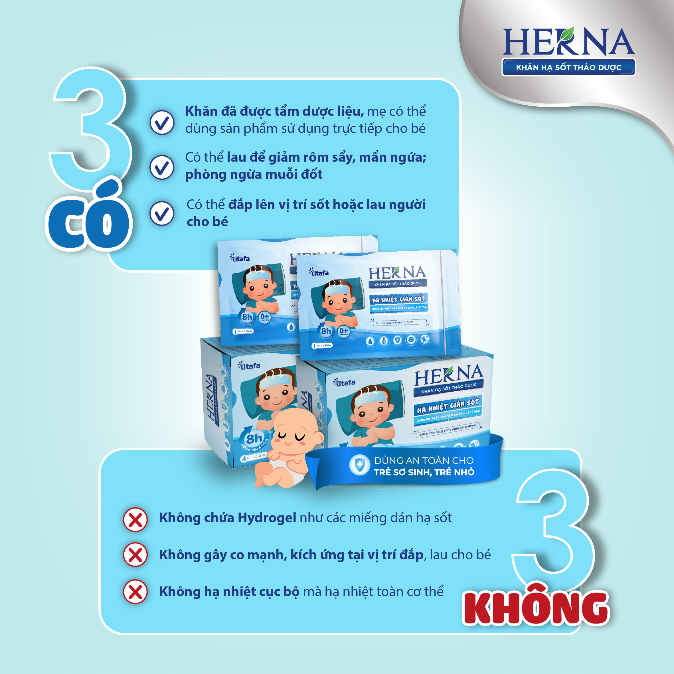 Khăn hạ sốt thảo dược Herna (20 khăn) - Giúp hạ sốt giảm nhiệt nhanh, an toàn cho bé