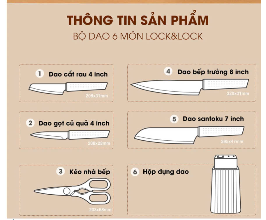 Bộ Dao Nhà Bếp 6 Món kèm Đế Đựng LocknLock CKK802 (hàng chính hãng)