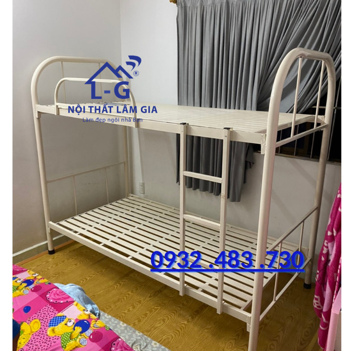 Giường Sắt 2 Tầng khung tròn rộng 1m2x1m2 màu kem sữa