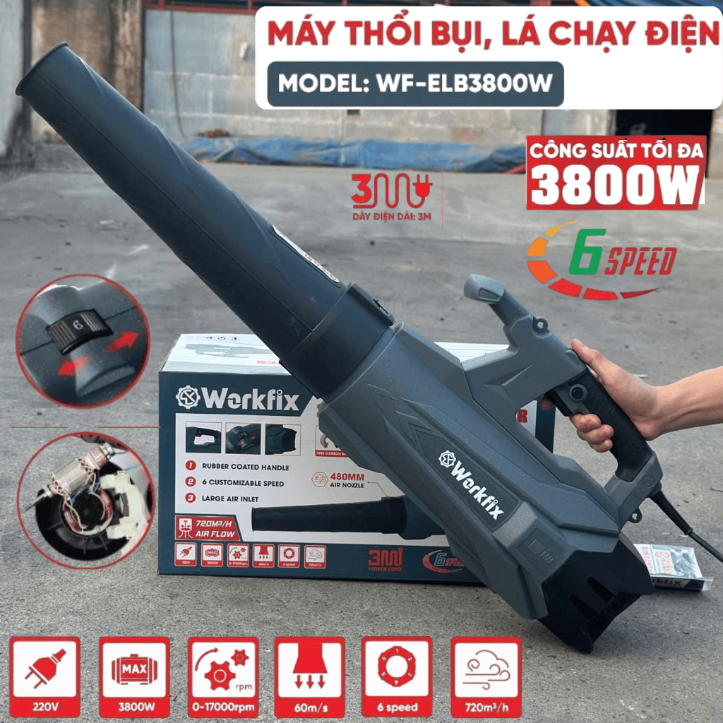 Máy Thổi Lá Điện Wokfix WF ELB3800W Công Suất Lớn 3800W 6 Cấp Chỉnh Tốc Chuẩn Đồng Bảo Hành 6 Tháng