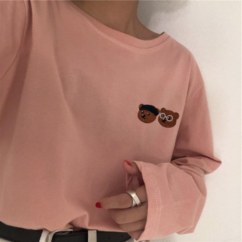 Áo Thun Tay Dài Unisex Thêu ĐẦU GẤU Thu Đông