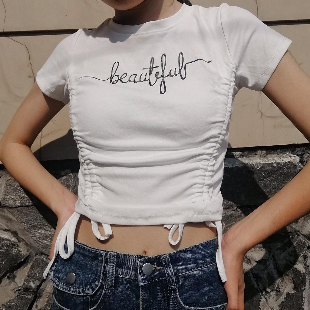 ÁO THUN CROPTOP ÔM BODY NGẮN CO GIÃN - ÁO KIỂU CRT NGẮN TAY CỔ TRÒN RÚT DÂY HÔNG 75