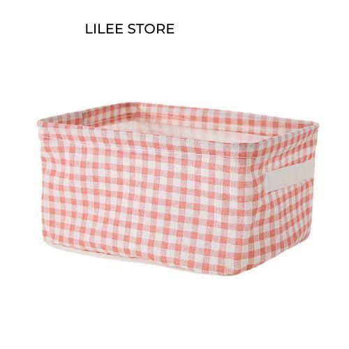 Hộp vải đựng đồ, giỏ vải kẻ cara màu hồng dễ thương có quai xách, giúp sắp xếp mỹ phẩm, sách vở, quần áo gọn gàng