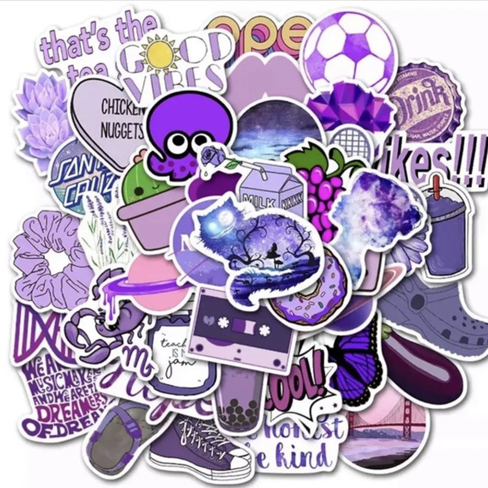 Set 30 Sticker chủ đề màu tím, Purple ảnh ép lụa
