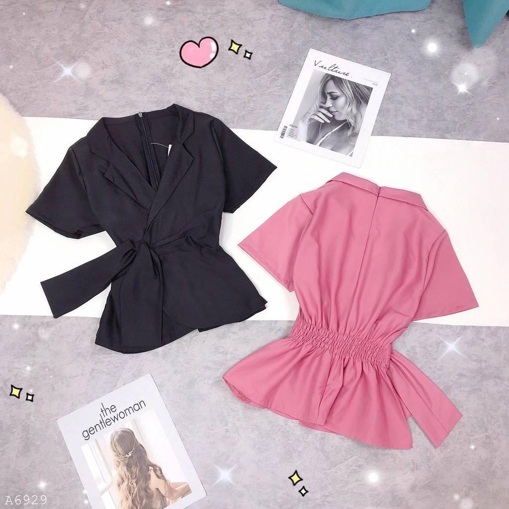 [L2M] Áo sơ mi kiểu nữ peplum CỔ VEST có dây cột nơ eo và chun lưng giấu bụng hiệu quả