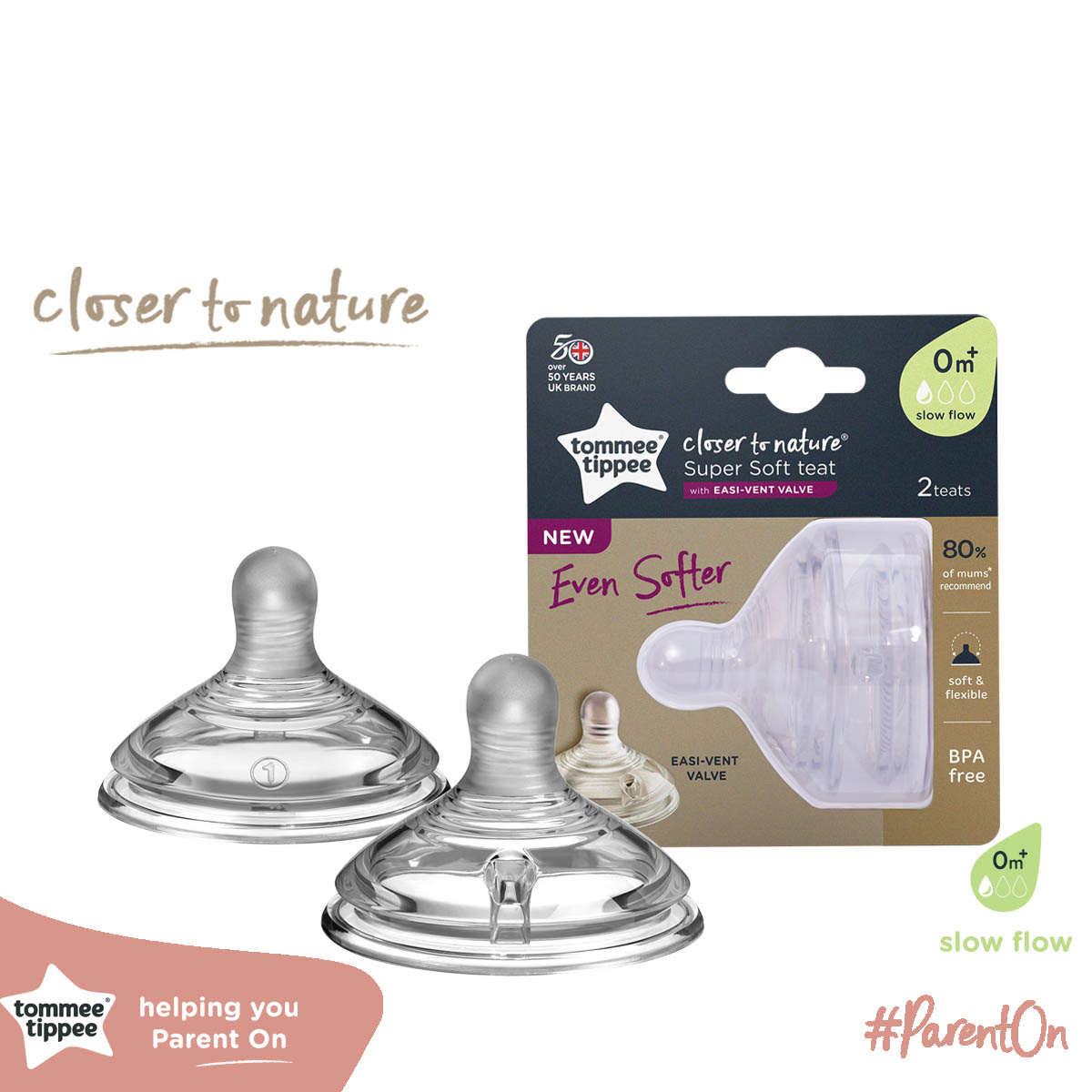 Núm Ty Silicon Siêu Mềm Tự Nhiên Cho Bé Tommee Tippee Natural Start Slow Flow 0-3 Tháng (Vỉ đôi, tách lẻ)