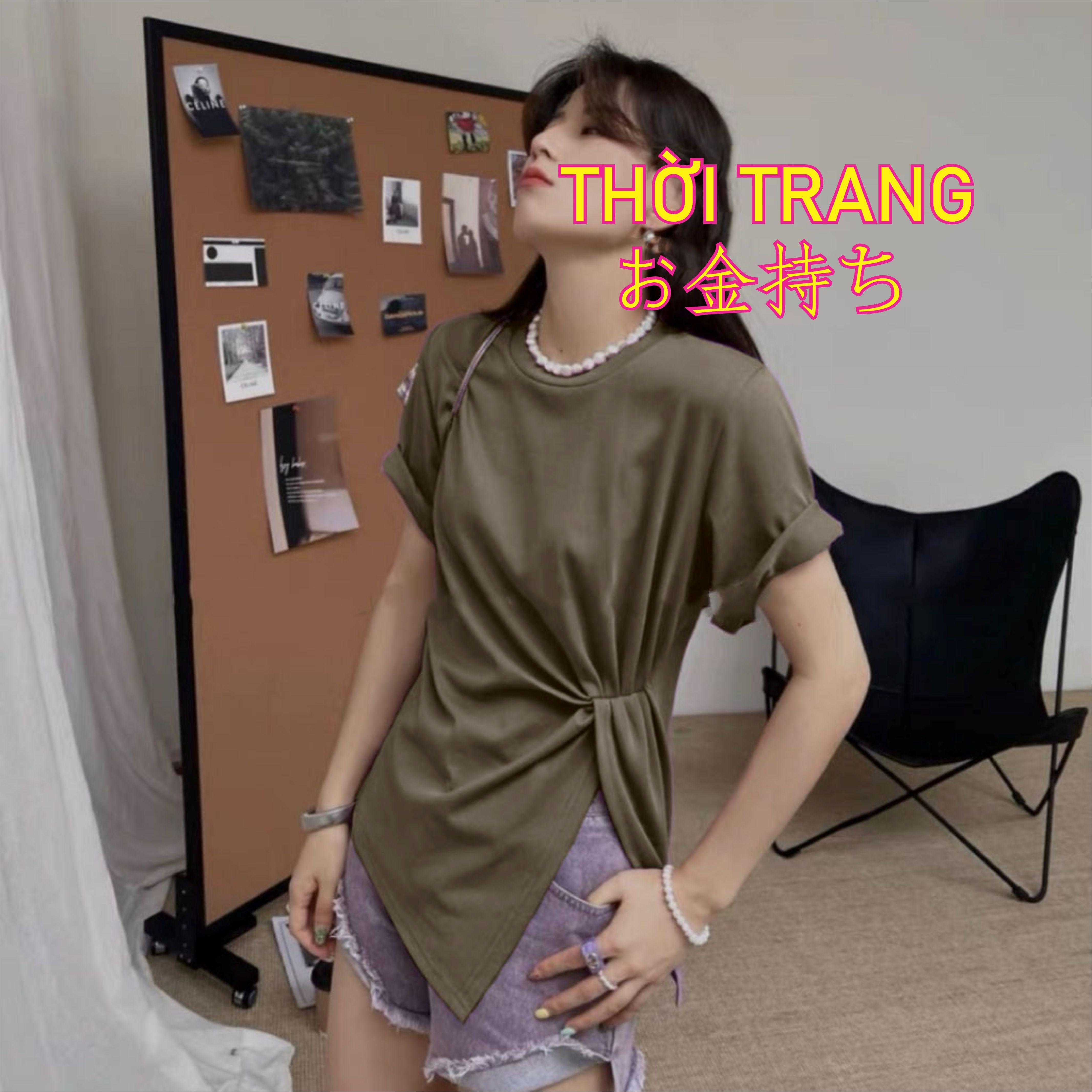 Áo thun nữ trơn cổ tròn nhúm eo có BIGSIZE có 3 mầu lựa chọn 3110
