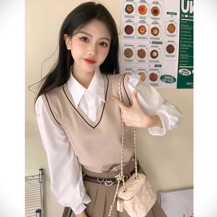 Áo len nữ Montoghi Quảng Châu GILE kiểu 2 lớp TAY DÀI phối cổ sơ mi xinh xắn